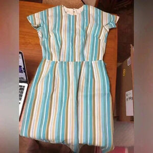 Vintage 1960s Cay Artley Blue Tan White  Striped Dress